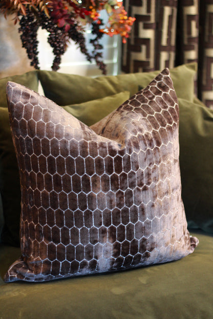 Sinclair Honeycomb Cushion – Chocolate Velvet styled view – Leya Buster Interiors