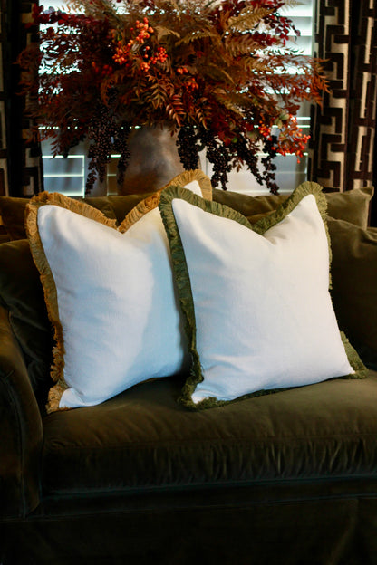 The Beaumont Cushion – Olive Fringe styled view – Leya Buster Interiors