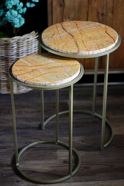Ochre Rajasthani Marble Nest of Side Tables styled view – Leya Buster Interiors