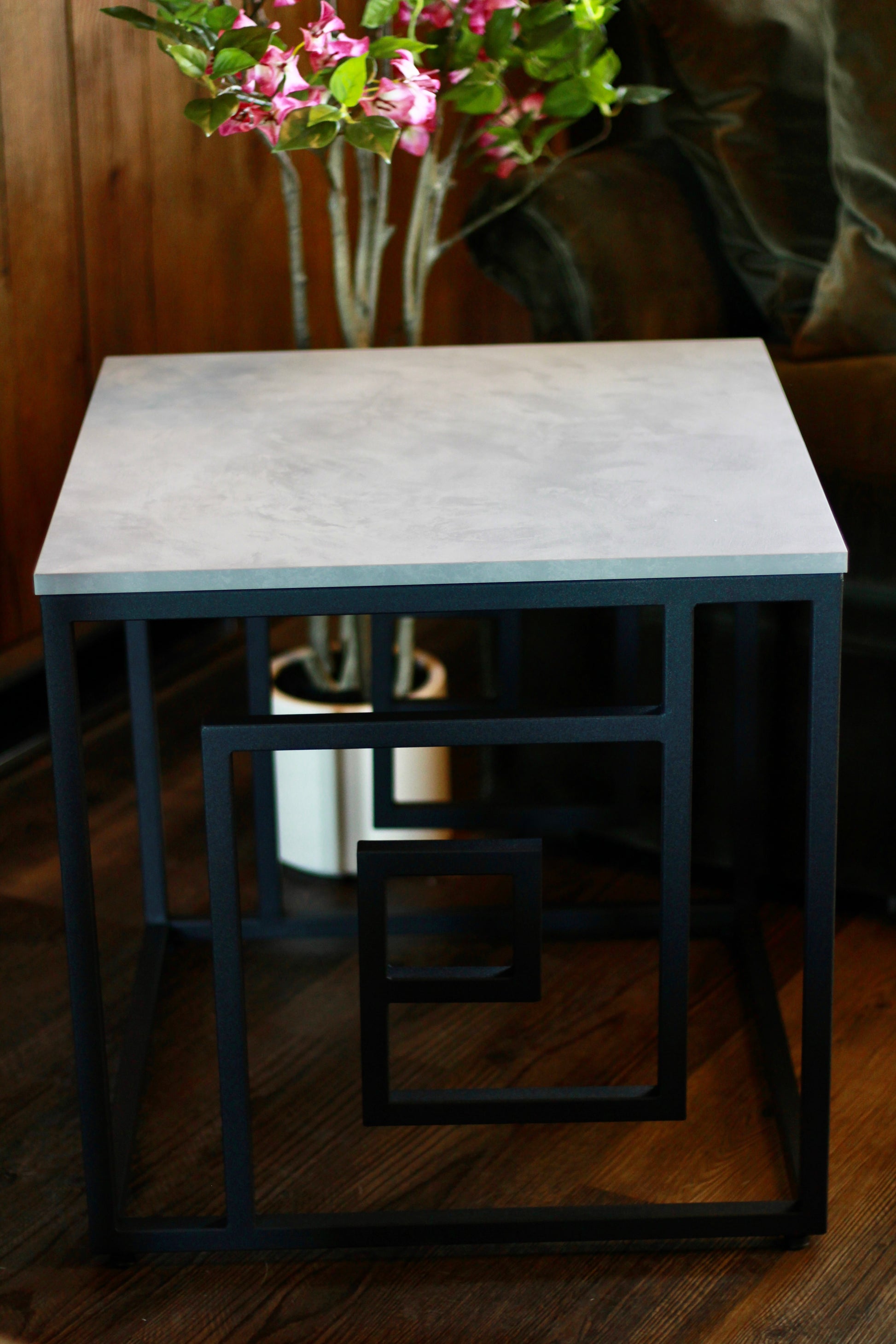 Black Metal Side Table with Marble Effect Top styled view – Leya Buster Interiors