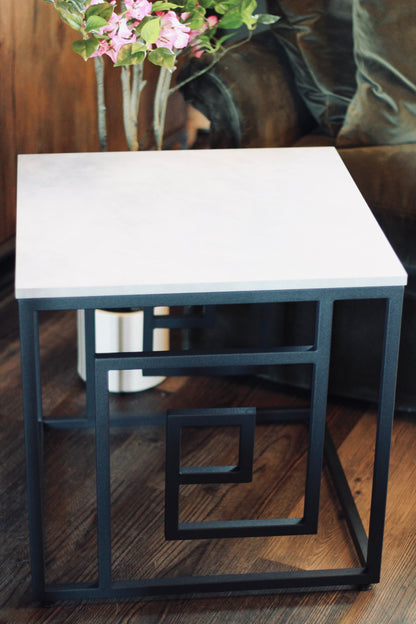 Black Metal Side Table with Marble Effect Top styled view – Leya Buster Interiors