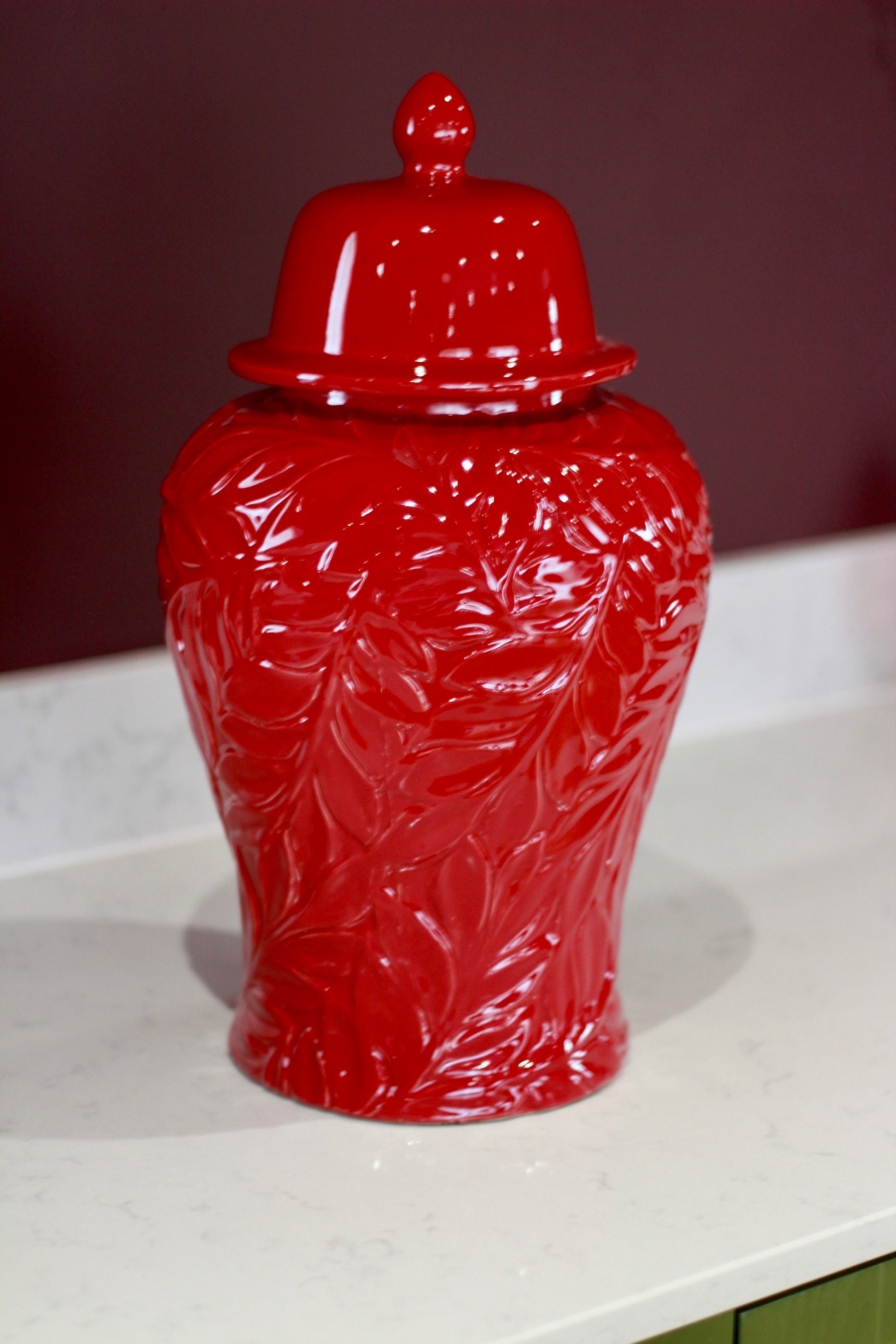 Glossy Red Leaf – Patterned Ceramic Ginger Jar detail – Leya Buster Interiors