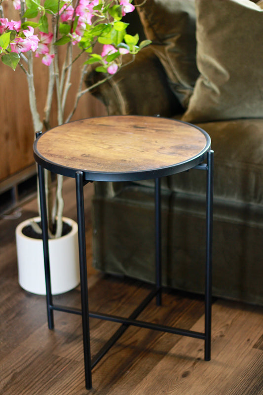 Round Wood Effect Side Table with Black Metal Frame