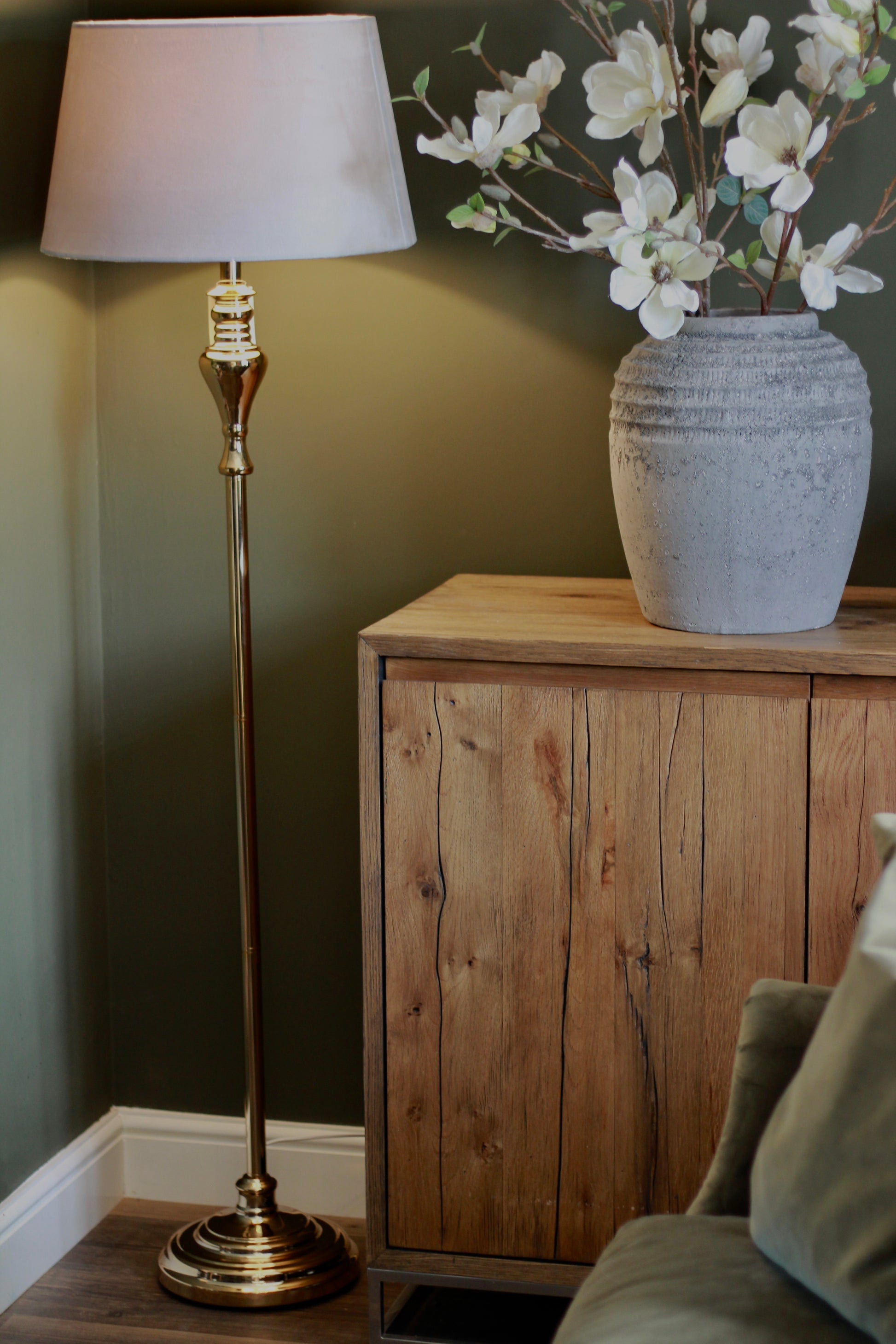 Gold Floor Lamp with Grey Velvet Shade – table lamp at Leya Buster Interiors
