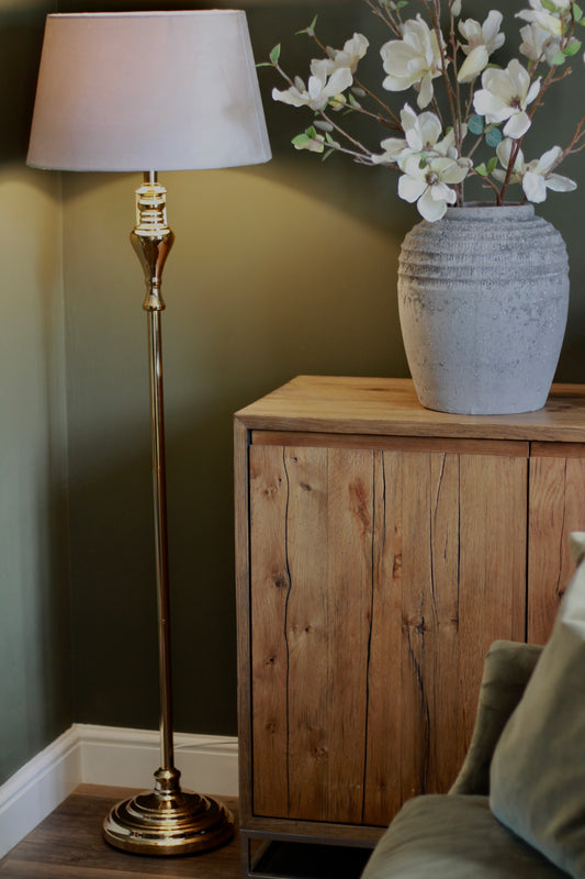 Gold Floor Lamp with Grey Velvet Shade – table lamp at Leya Buster Interiors