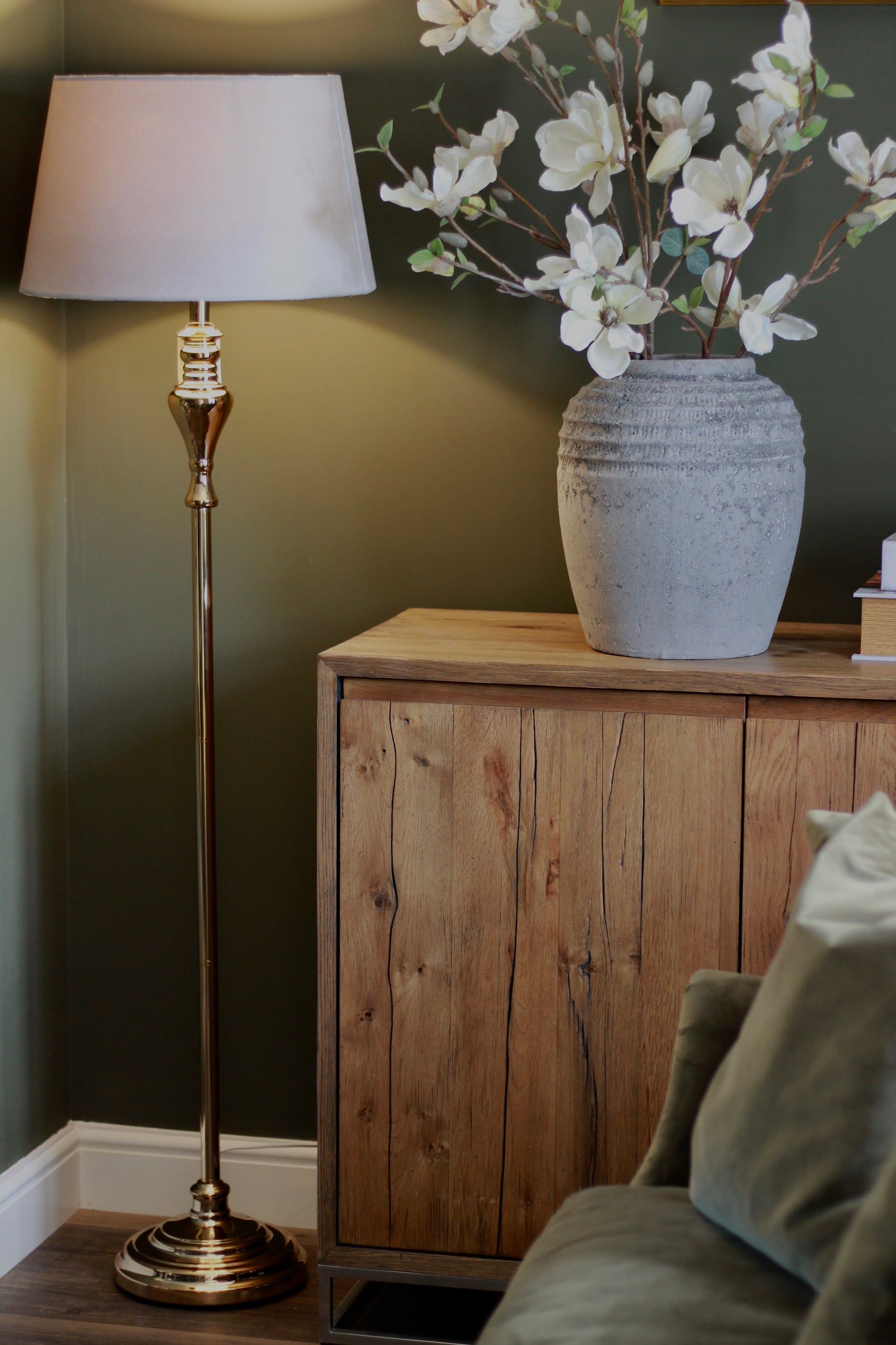 Gold Floor Lamp with Grey Velvet Shade styled view – Leya Buster Interiors