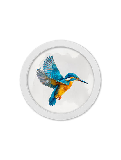 Watercolour Kingfishers – 30cm White Round Box Frame styled view – Leya Buster Interiors