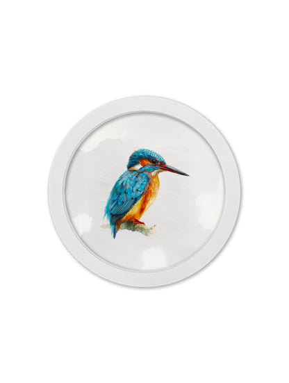 Watercolour Kingfishers – 30cm White Round Box Frame styled view – Leya Buster Interiors