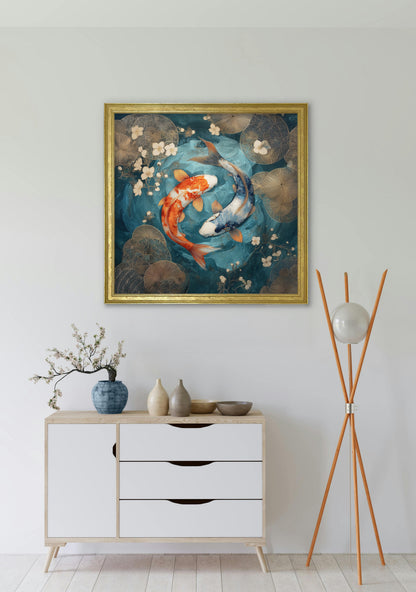 Japanese Koi Carp Dusk – Gold Hurstwood Square Frame styled view – Leya Buster Interiors