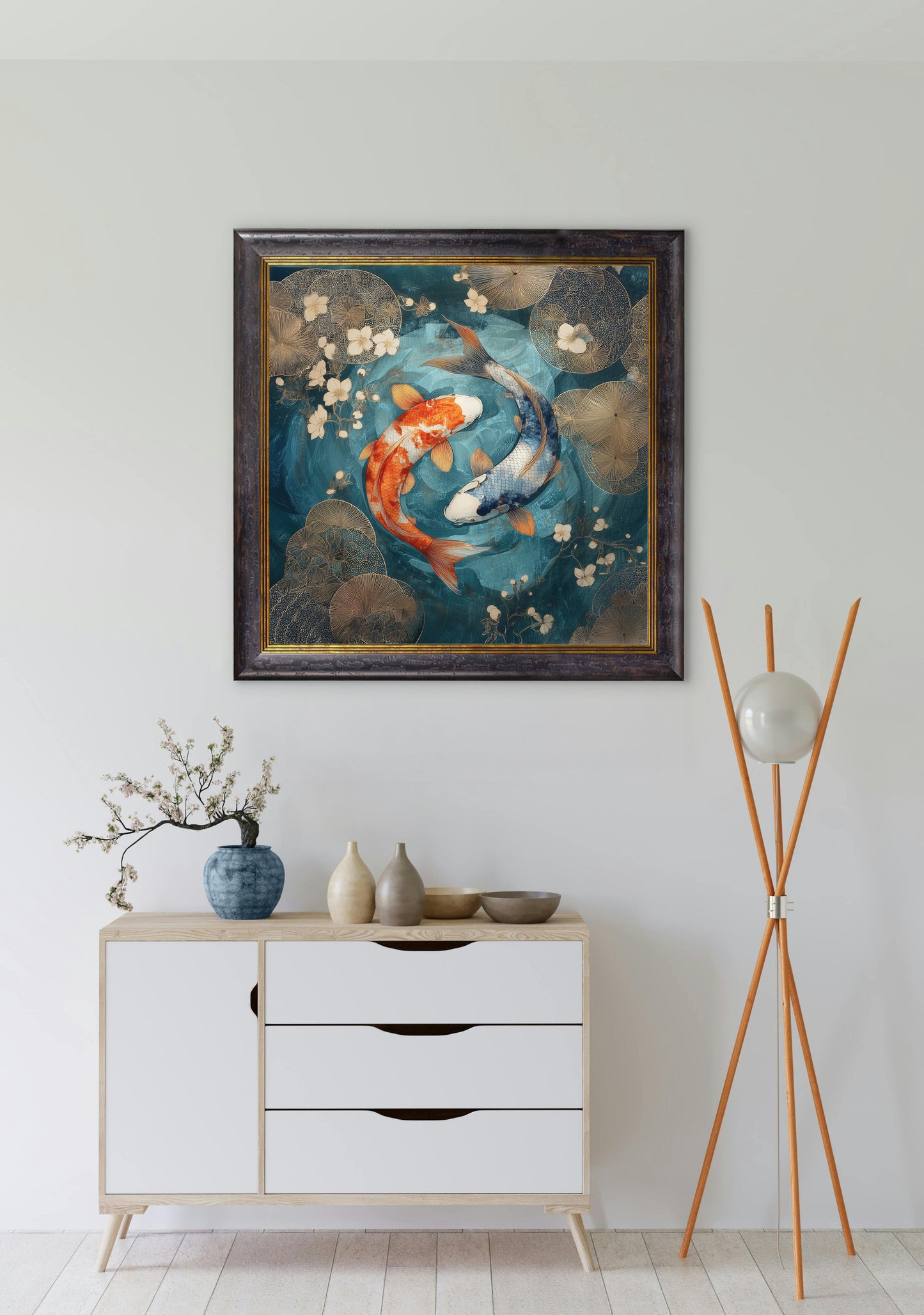 Japanese Koi Carp Dusk – Oxford Square Frame styled view – Leya Buster Interiors