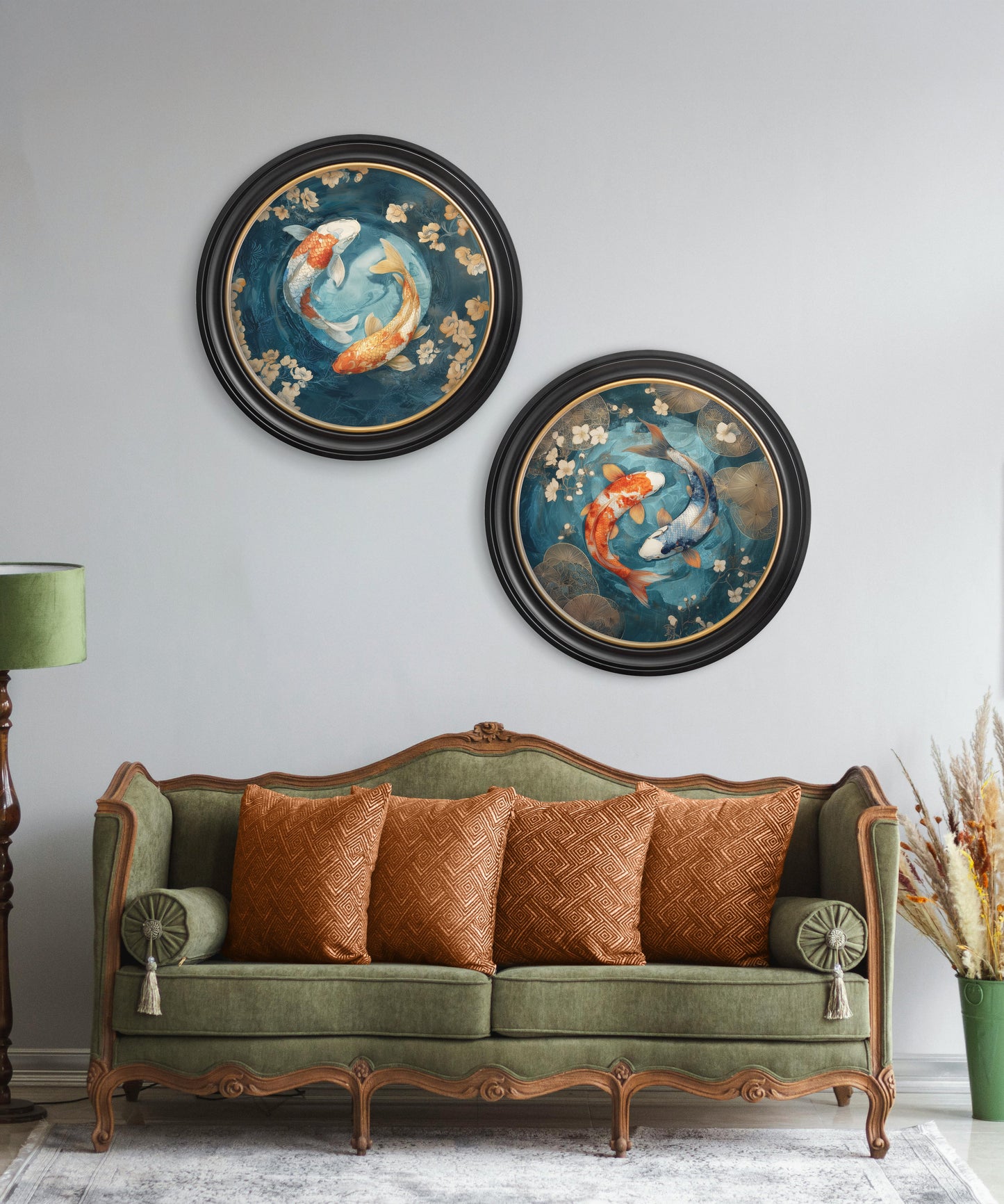 Japanese Koi Carp Dusk – Oxford Round Frame – framed wall art at Leya Buster Interiors