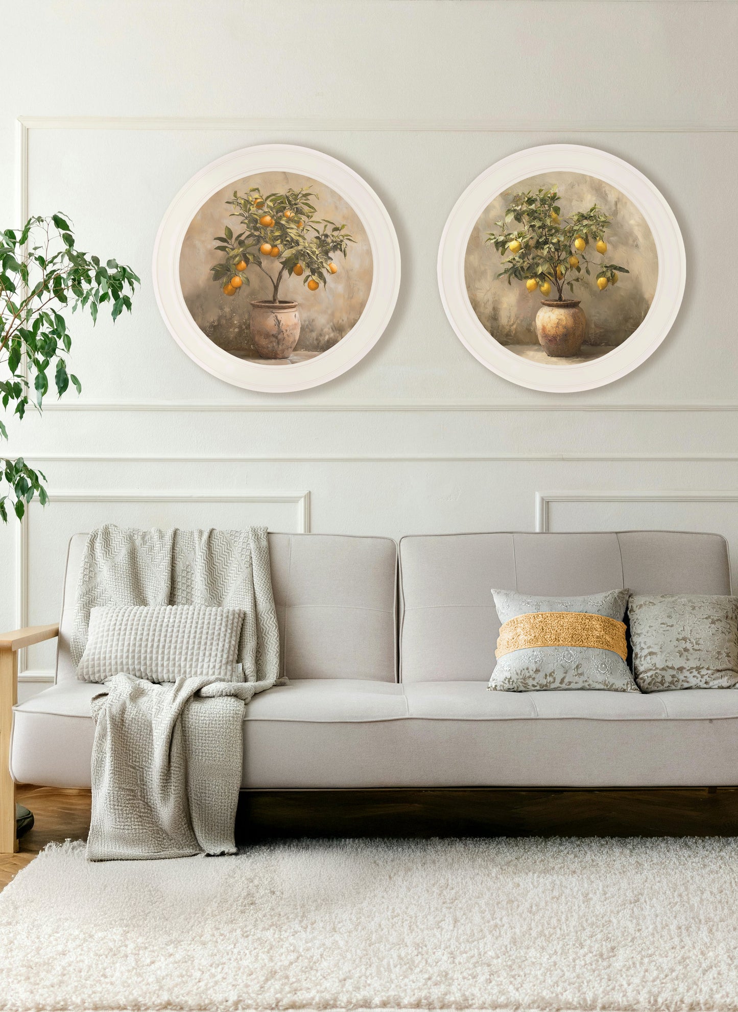 Mediterranean Lemon Tree – Oxford Strong White Round Frame styled view – Leya Buster Interiors