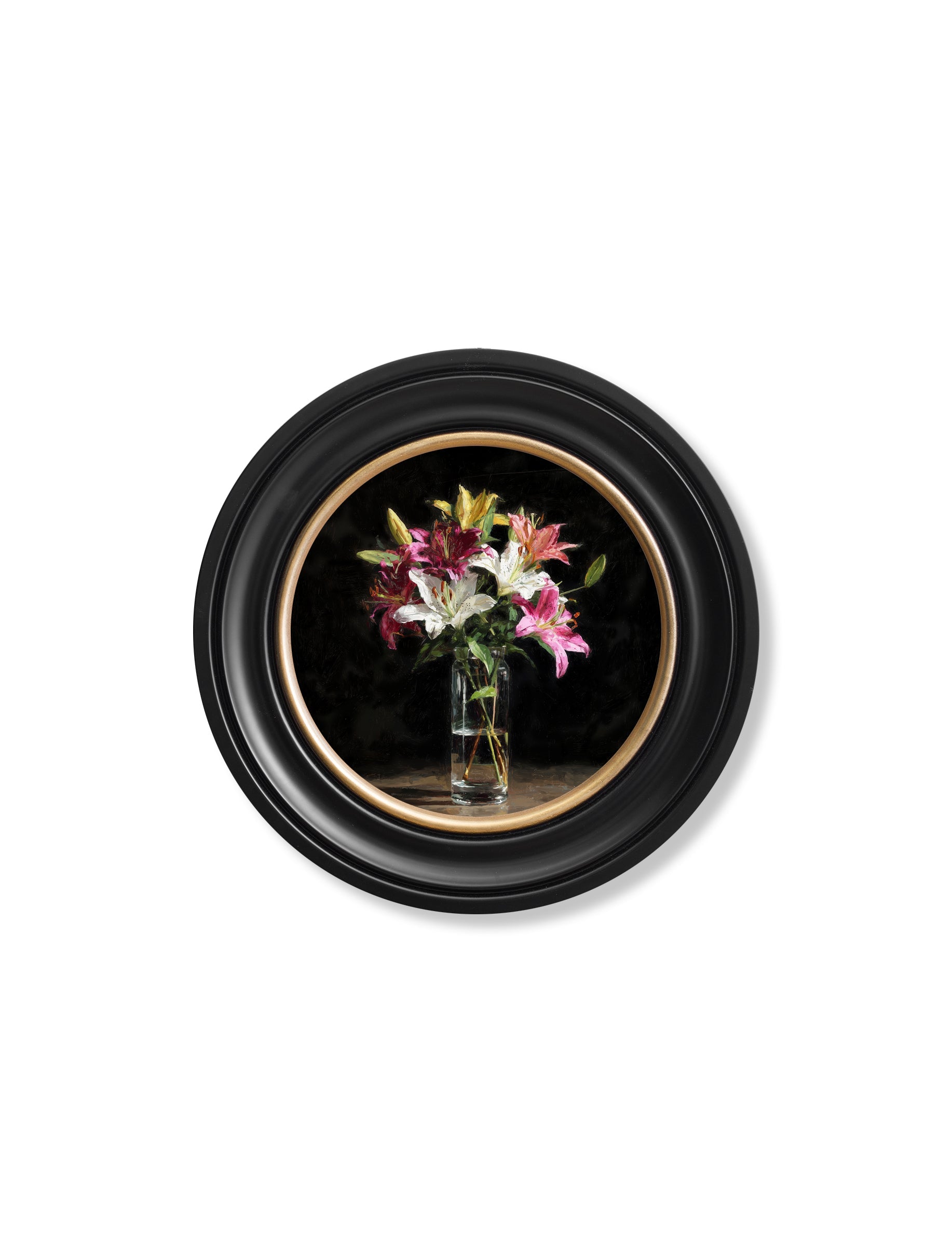 Lilies After Dark – Oxford Round Frame styled view – Leya Buster Interiors