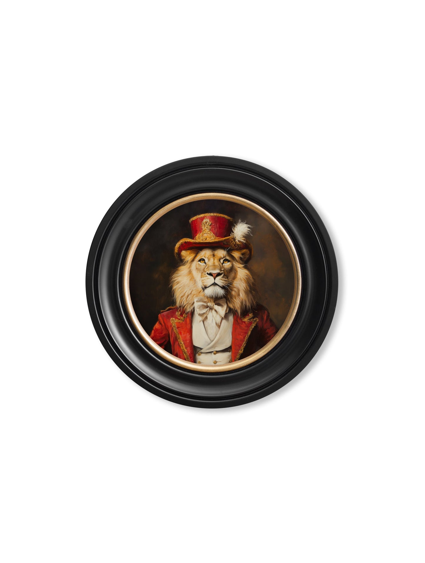 Maximum Mane – Circus Master Lion Oxford Round Frame styled view – Leya Buster Interiors