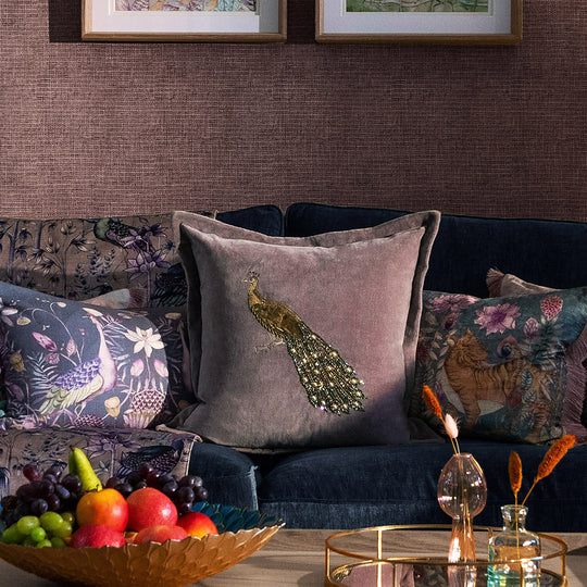 Luxe Peacock Embellished Cushion - Lavender