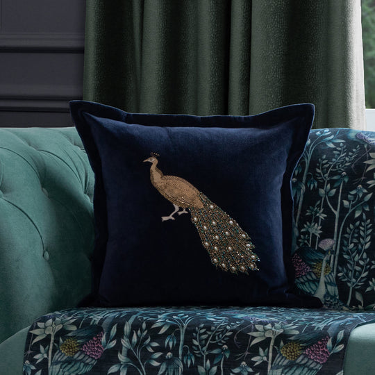 Luxe Peacock Embellished Cushion - Midnight