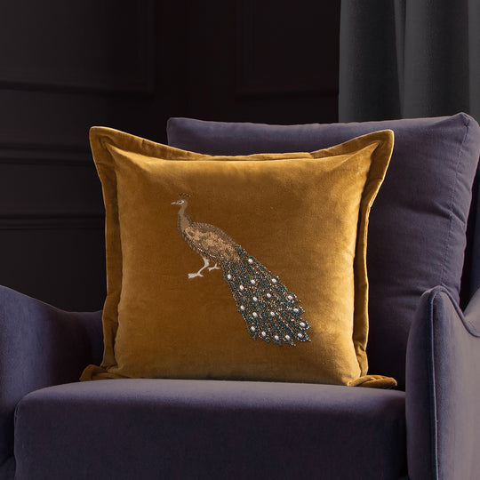 Luxe Peacock Embellished Cushion - Mustard