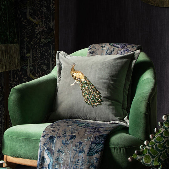 Luxe Peacock Embellished Cushion - Steel