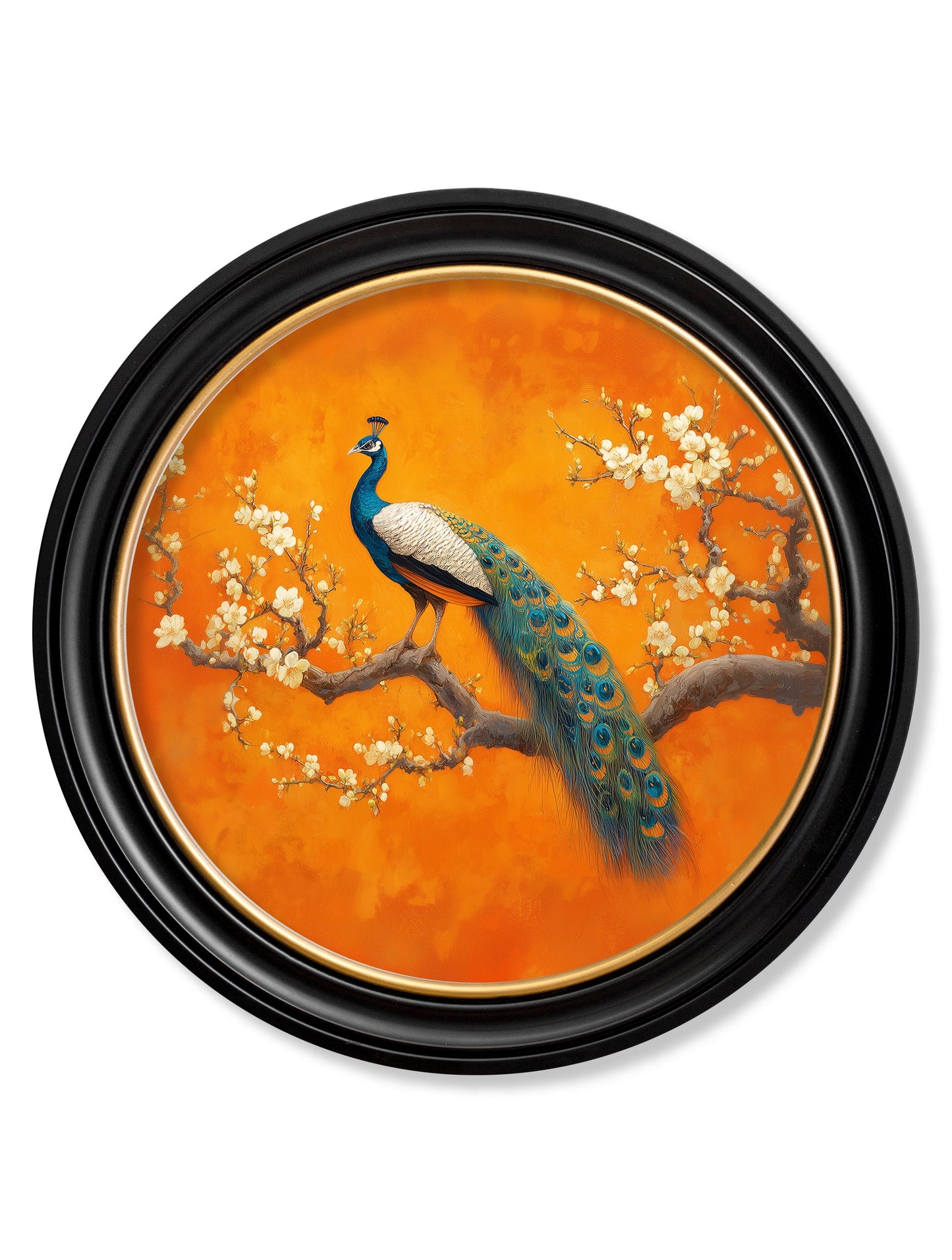 Peacocks In Saffron Garden – Oxford Round Frame styled view – Leya Buster Interiors