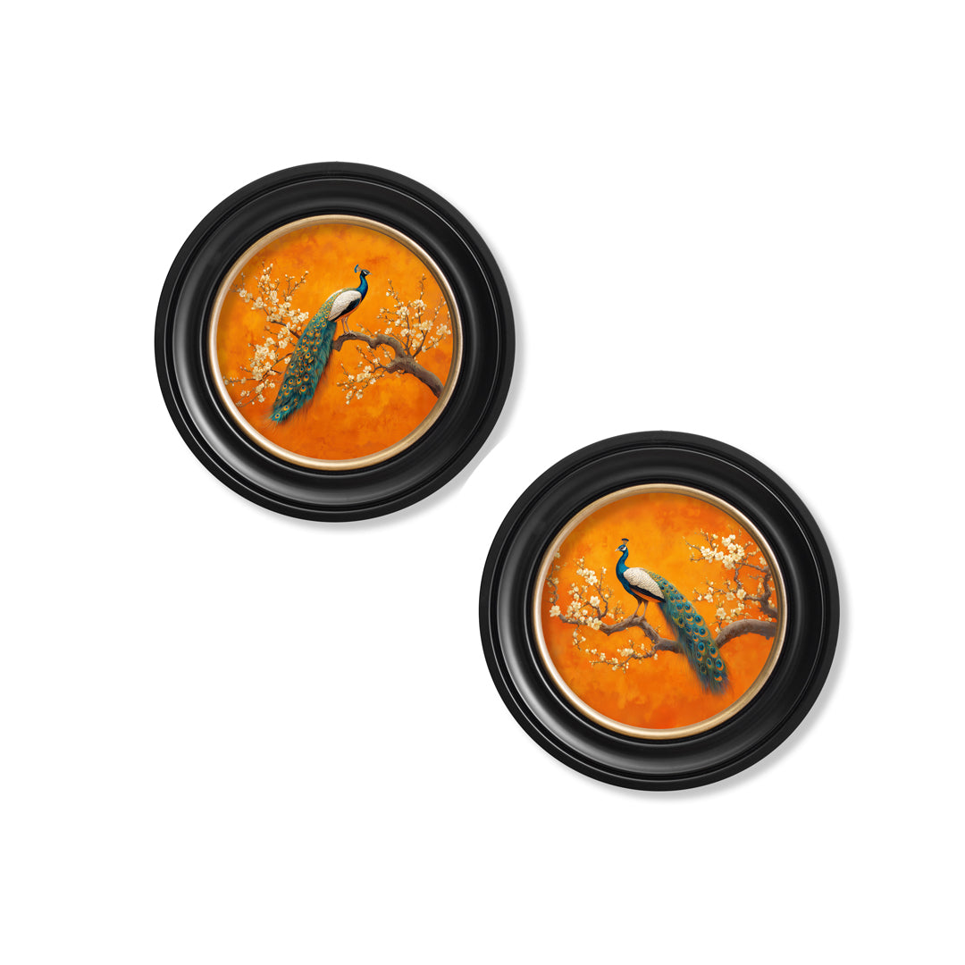 Peacocks In Saffron Garden – Oxford Round Frame styled view – Leya Buster Interiors