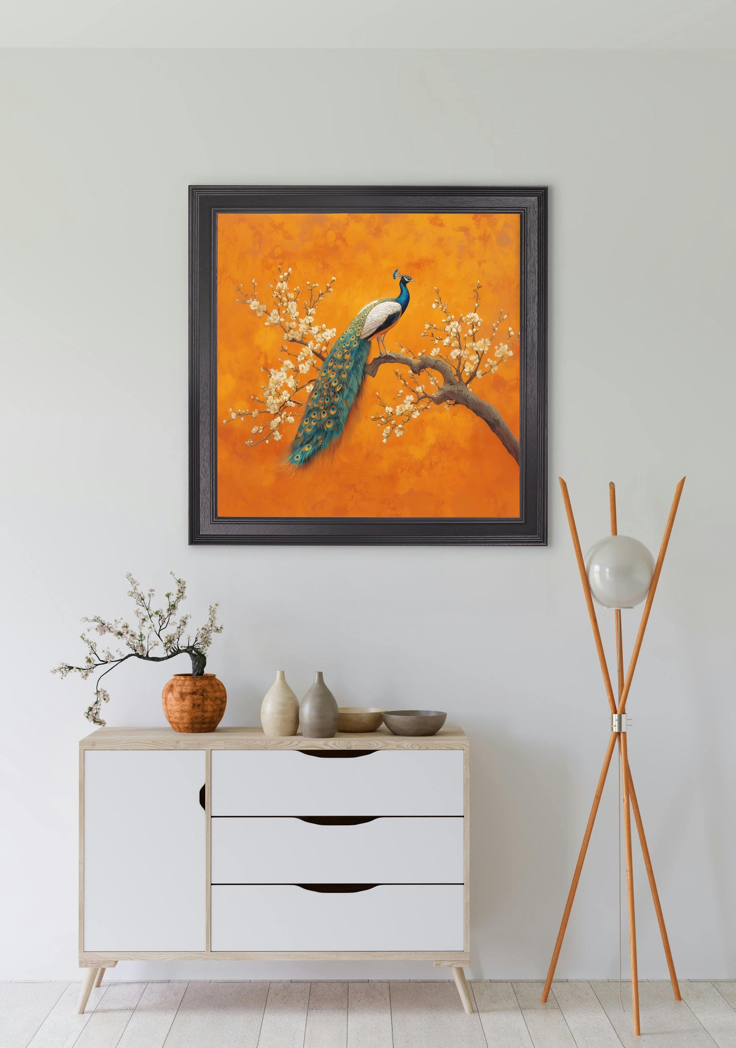 Peacocks In Saffron Garden – Black Hurstwood Square Frame styled view – Leya Buster Interiors