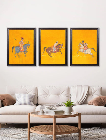 c.17th Century Indian Polo Players Triptych – framed wall art at Leya Buster Interiors