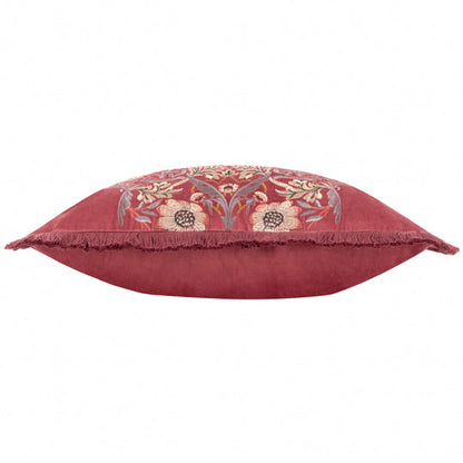 Morris & Co – Strawberry Thief Velvet Embroidered Cushion – Berry Red styled view – Leya Buster Interiors
