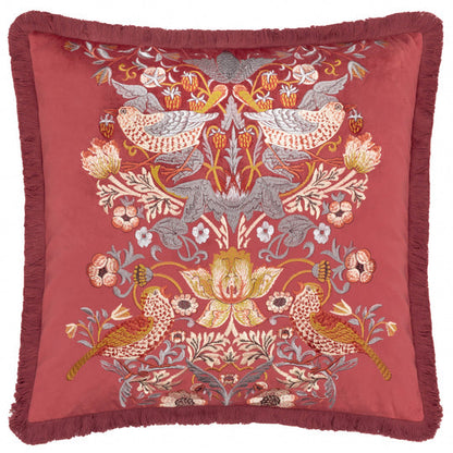 Morris & Co – Strawberry Thief Velvet Embroidered Cushion – Berry Red styled view – Leya Buster Interiors