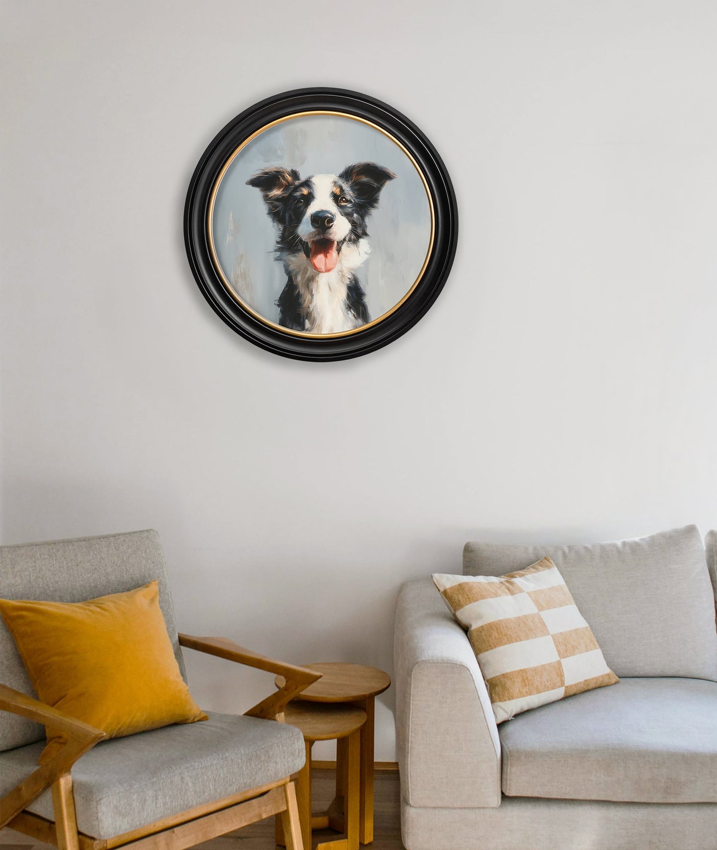 The Smiley Sheepdog – Oxford Round Frame – framed wall art at Leya Buster Interiors