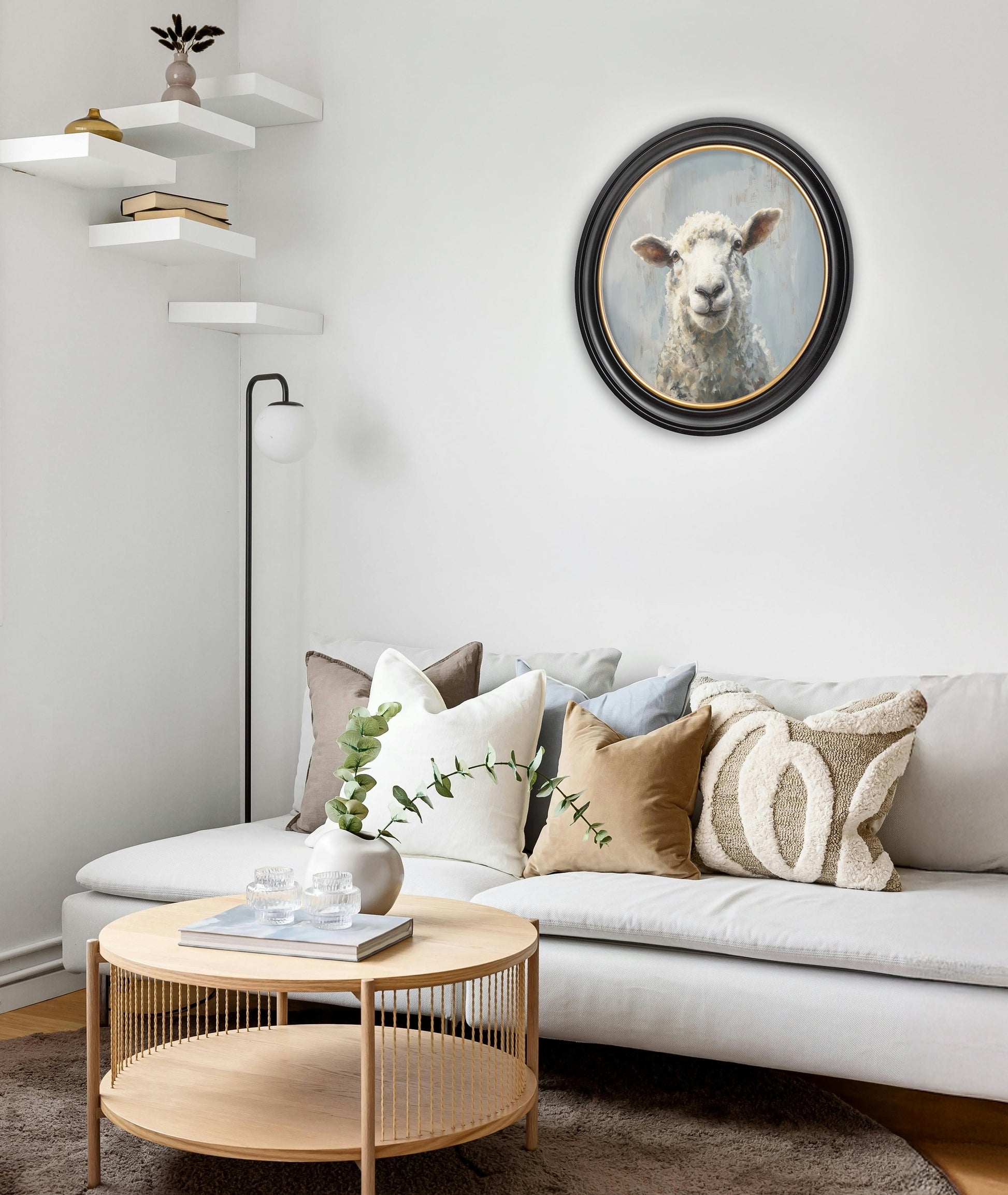 The Jolly Sheep – Oxford Round Frame – framed wall art at Leya Buster Interiors