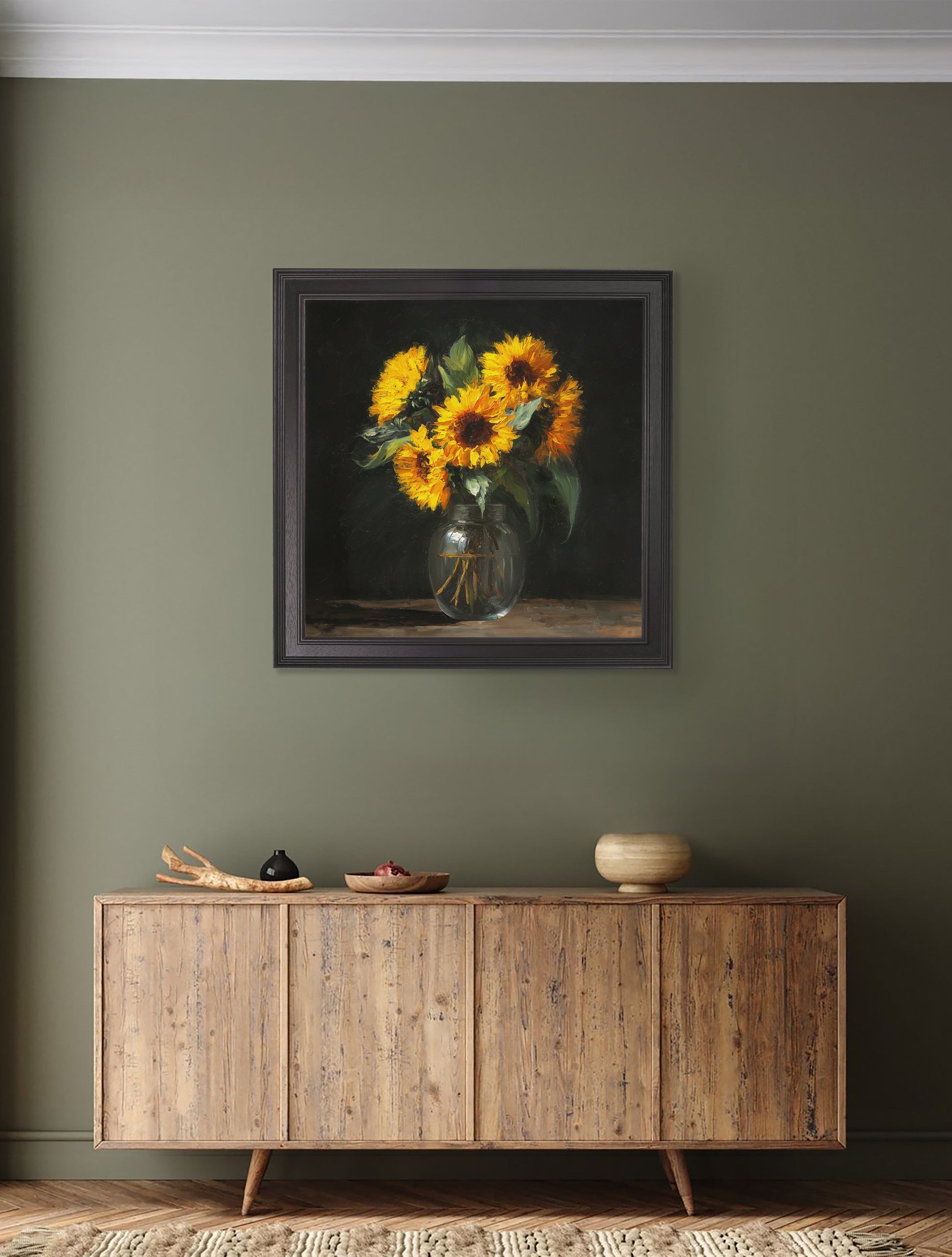Sunflowers After Dark – Black Hurstwood Square Frame – framed wall art at Leya Buster Interiors