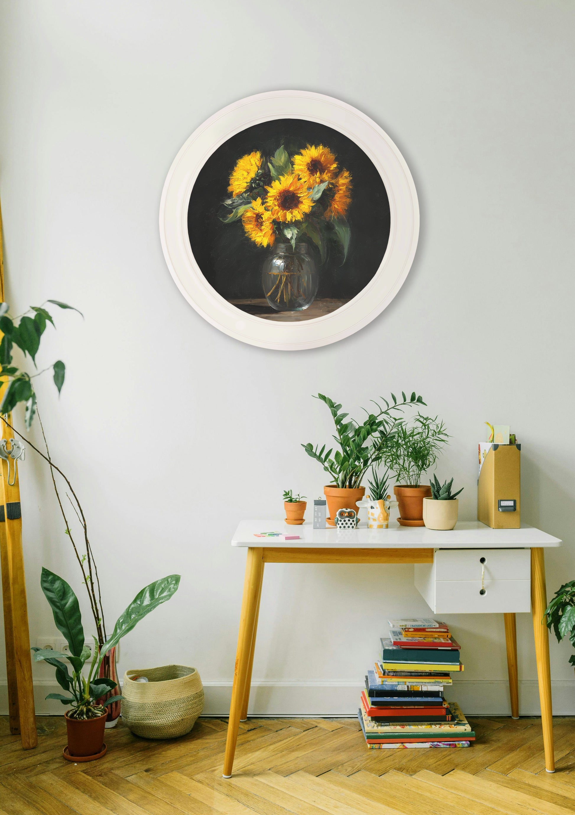 Sunflowers After Dark – Oxford Strong White Round Frame – framed wall art at Leya Buster Interiors
