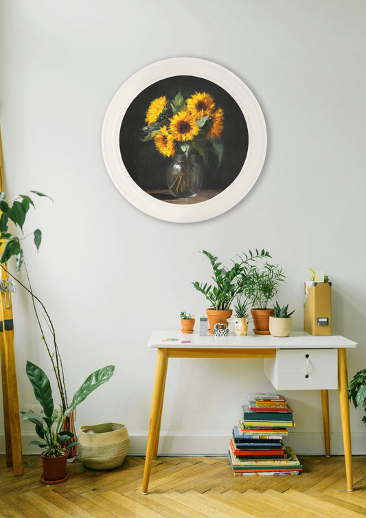 Sunflowers After Dark - Oxford Strong White Round Frame