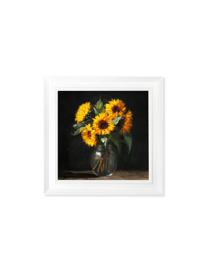 Sunflowers After Dark – White Hurstwood Square Frame styled view – Leya Buster Interiors
