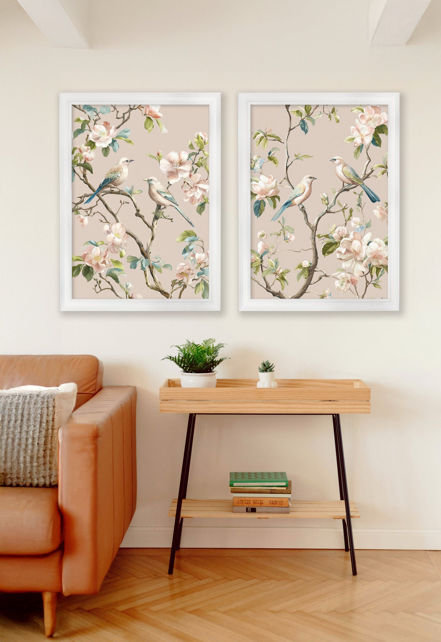 Blossom Songbirds – White Hurstwood Frame – framed wall art at Leya Buster Interiors