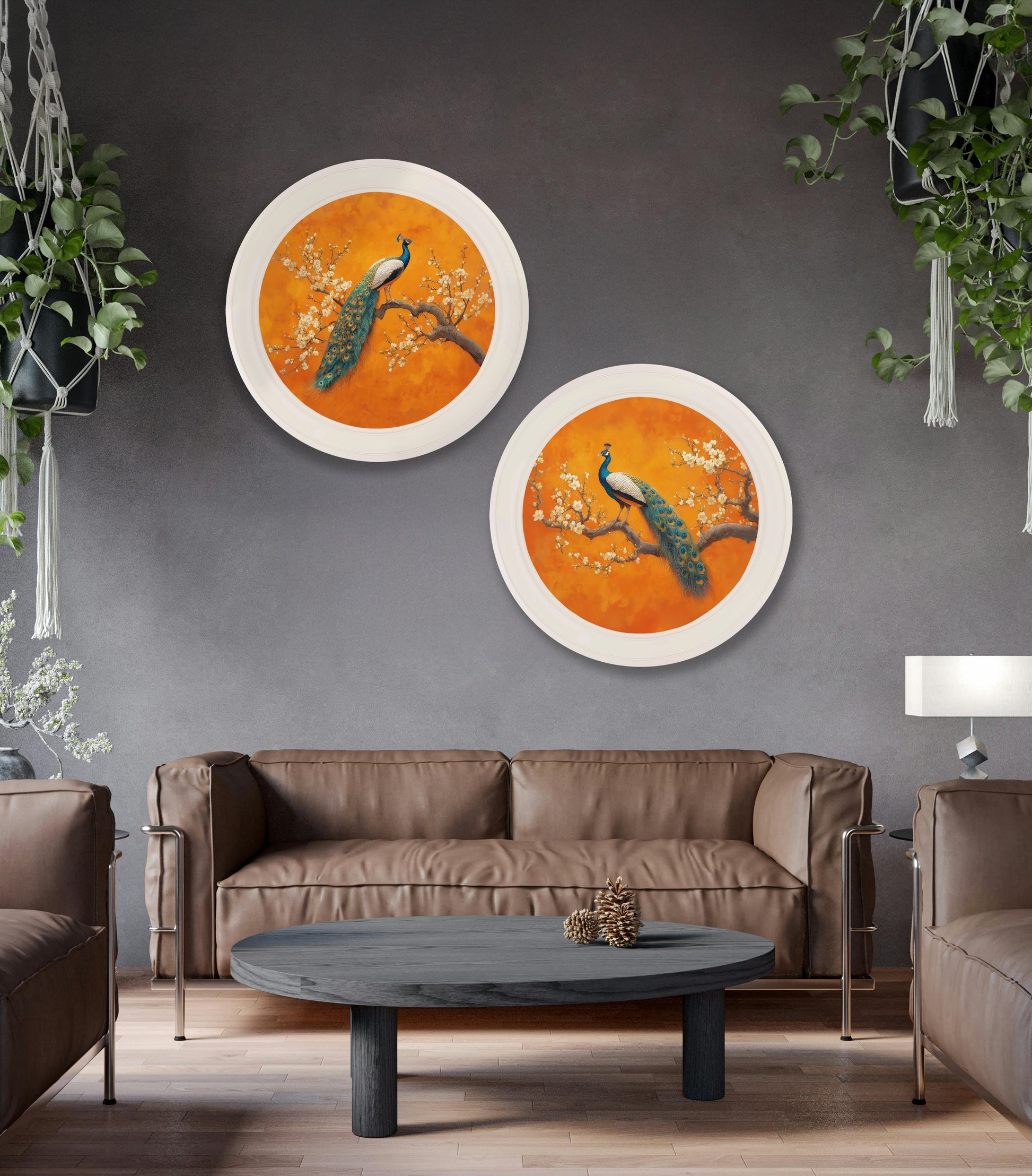 Peacocks In Saffron Garden – Oxford Strong White Round Frame – framed wall art at Leya Buster Interiors