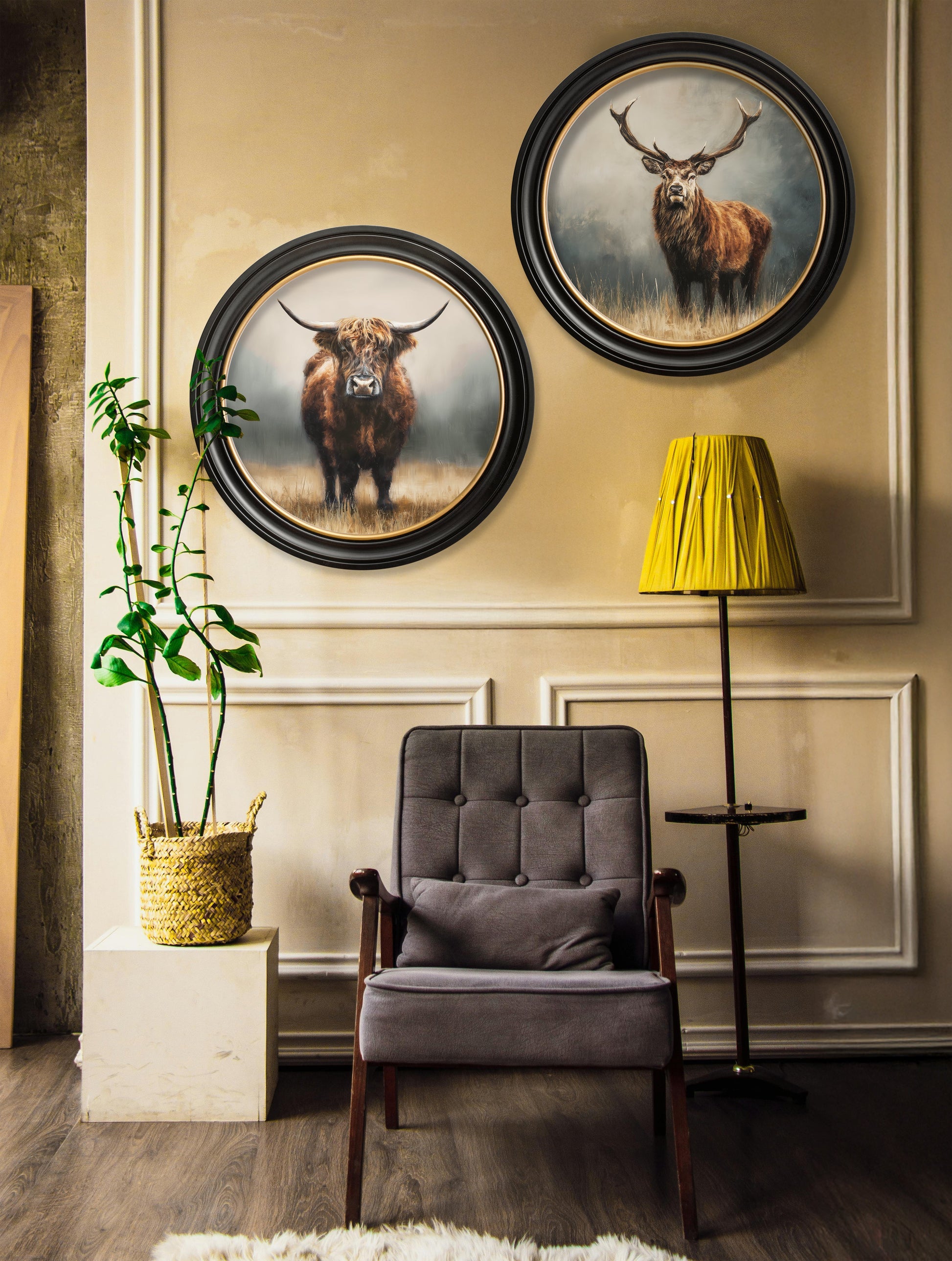 Highland Stag – Oxford Round Frame styled view – Leya Buster Interiors