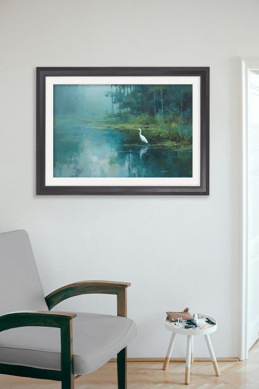 Misty Lake Great Egret - Black Hurstwood Frame
