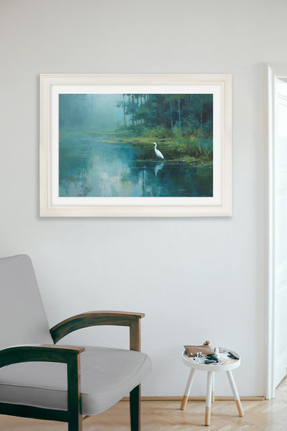 Misty Lake Great Egret – Cream Hurstwood Frame – framed wall art at Leya Buster Interiors