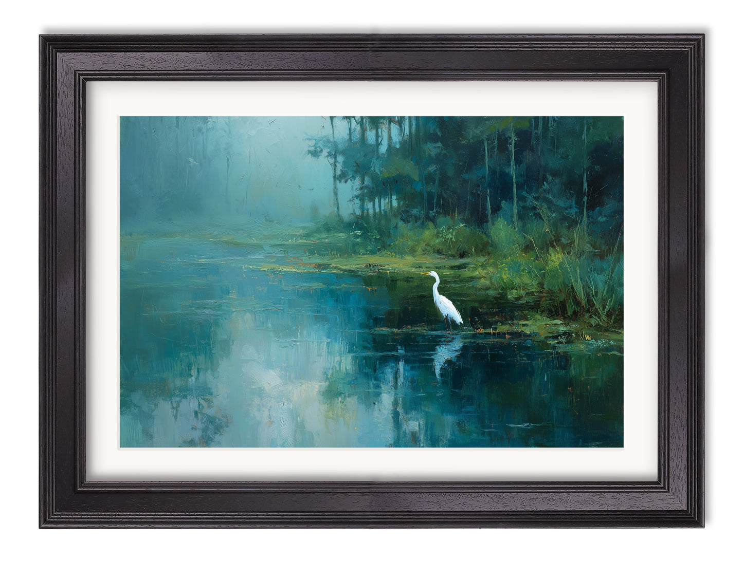 Misty Lake Great Egret - Black Hurstwood Frame