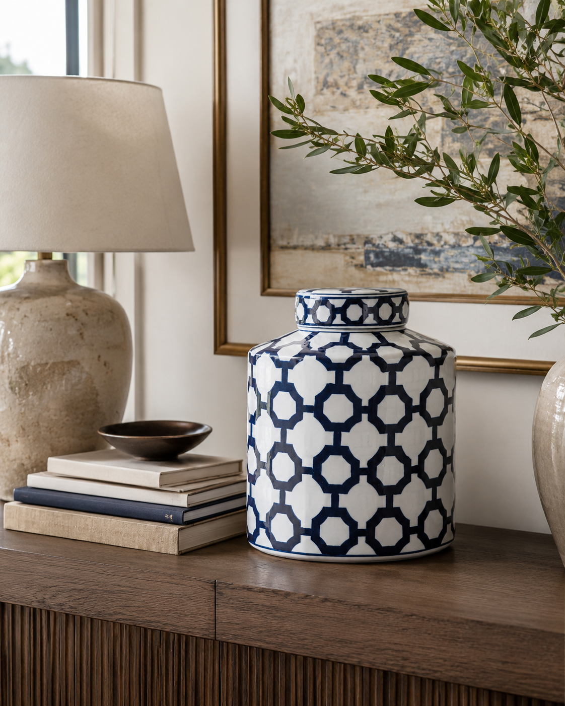Short Blue & White Geometric Ginger Jar