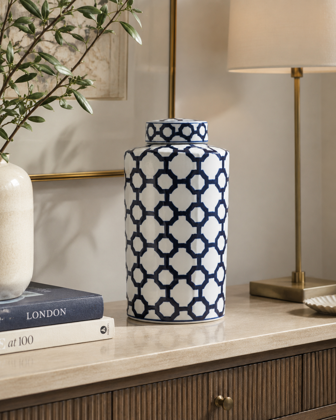 Tall Blue & White Geometric Ginger Jar – decorative jar at Leya Buster Interiors