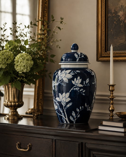 Large Blue Magnolia Ginger Jar