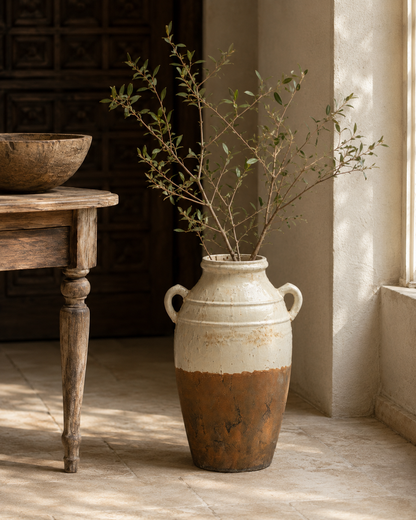 47cm Large Aged Cream Terracotta Pot with Handles – decorative vase at Leya Buster Interiors