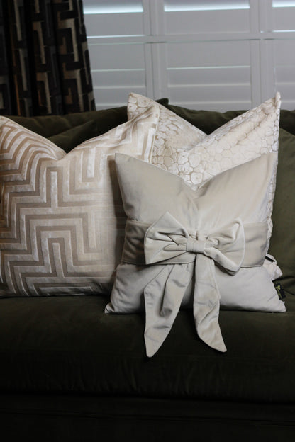 Ivory Amaze Velvet Cut Cushion – Large styled view – Leya Buster Interiors