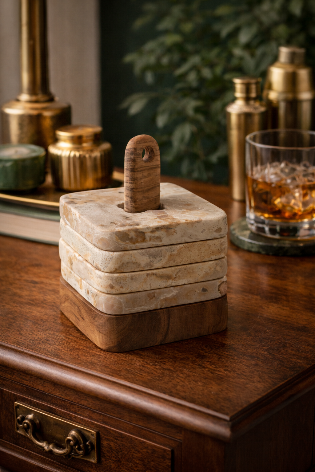 Marble Coasters On Wooden Stand Set Of 4