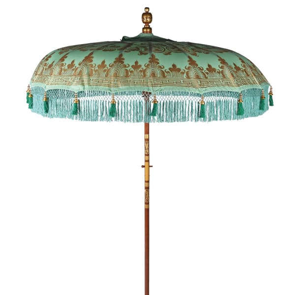 Full canopy view of the Riviera Mint handmade Balinese-style Garden Parasol with ornate painted detail