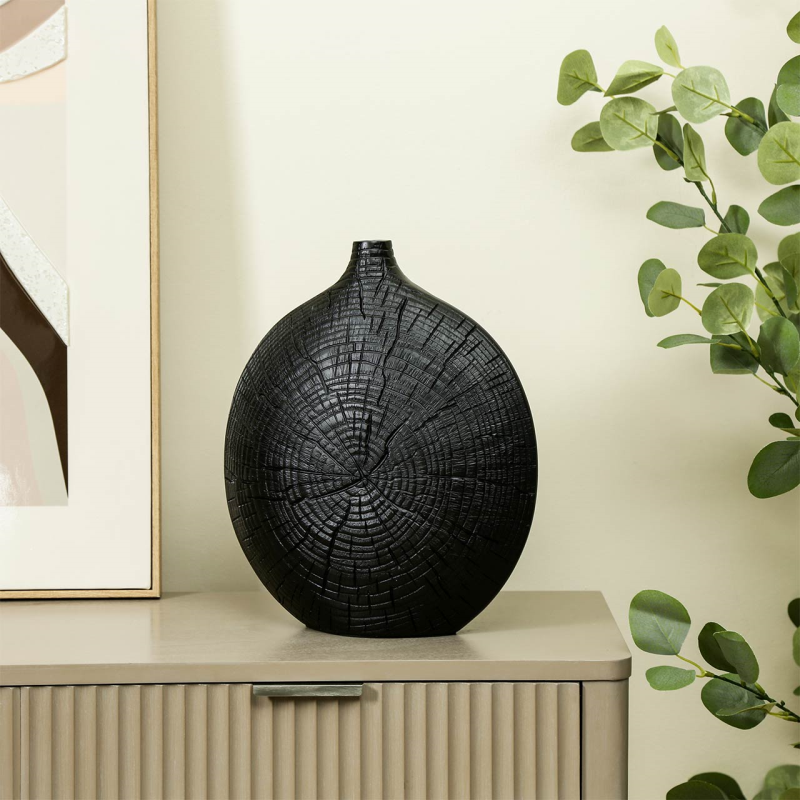 Black Textured Polyresin Vase – Tree Trunk Effect - Small