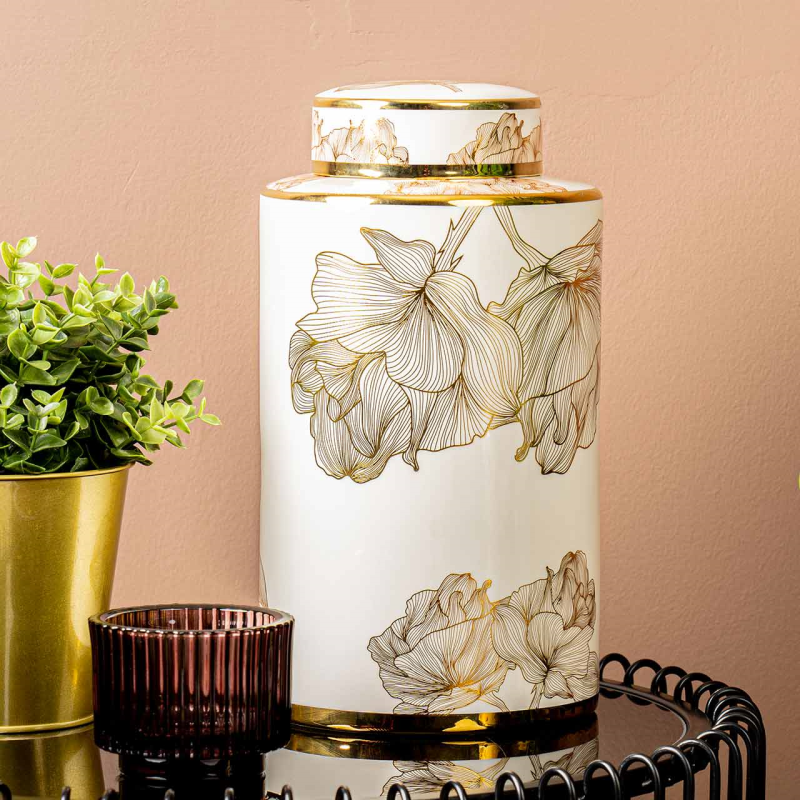 White & Gold Floral Lidded Jar