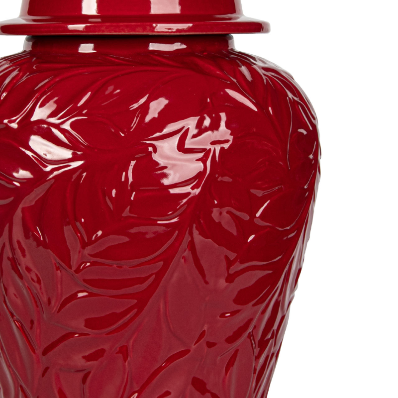 Glossy Red Leaf-Patterned Ceramic Ginger Jar